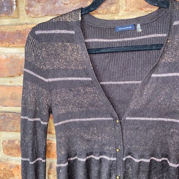 Magaschoni Brown Metallic Sparkle Button Down Cardigan Sweater Womens Size Small - Picture 2 of 6